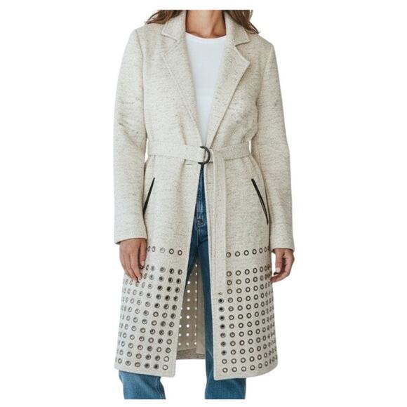 Nic + Zoe Knit Trench Coat Long Jacket Sz Medium Metal Circle Tie Neutral Beige - Picture 2 of 6